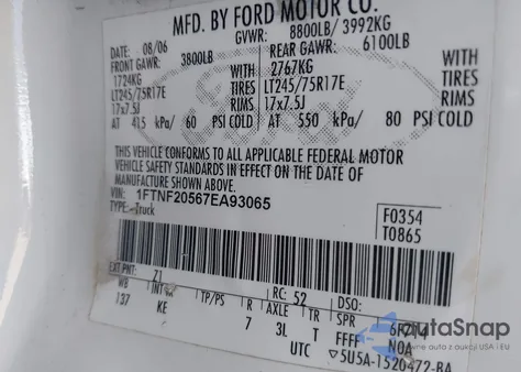 2007 Ford F250 Super Duty from USA, damaged, VIN 1FTNF20567EA93065